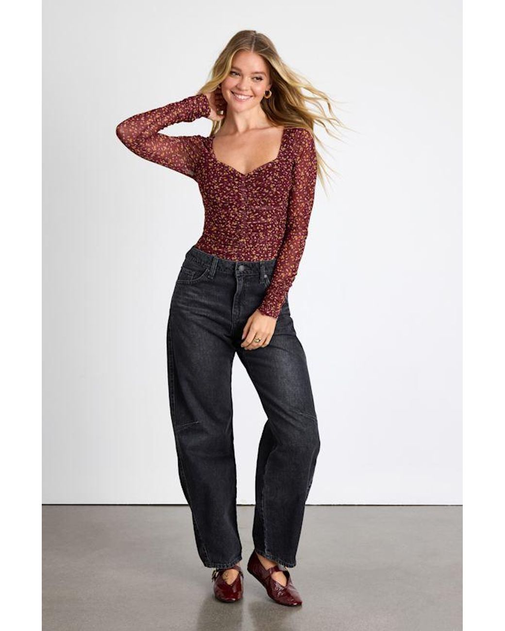 Lulus Red Adoring Desire Floral Print Mesh Ruched Bodysuit
