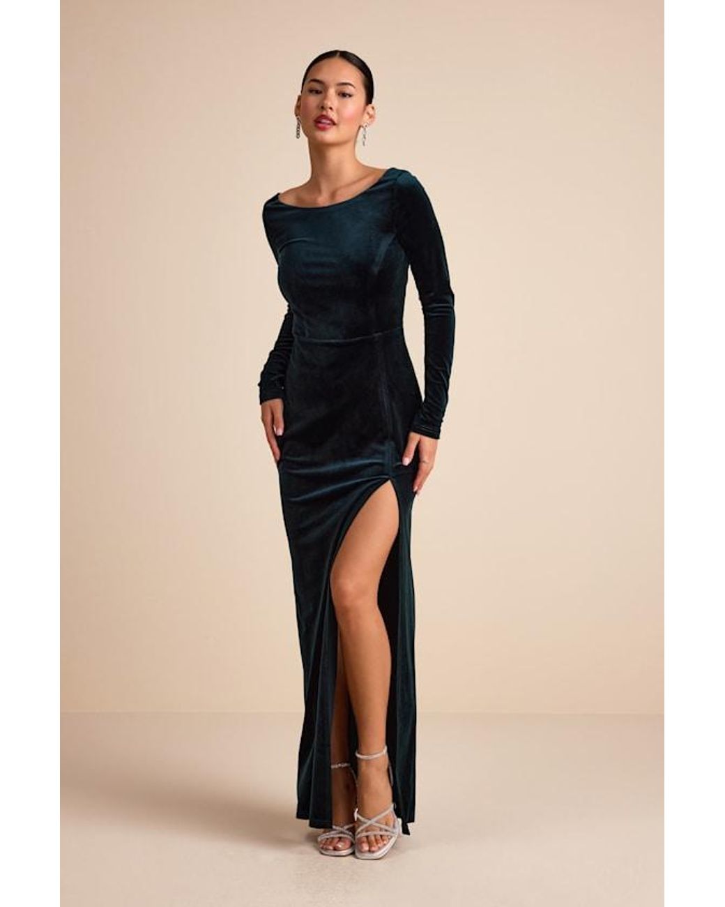 Lulus Duarte Emerald Velvet Cowl Back Long Sleeve Maxi Dress in Black | Lyst