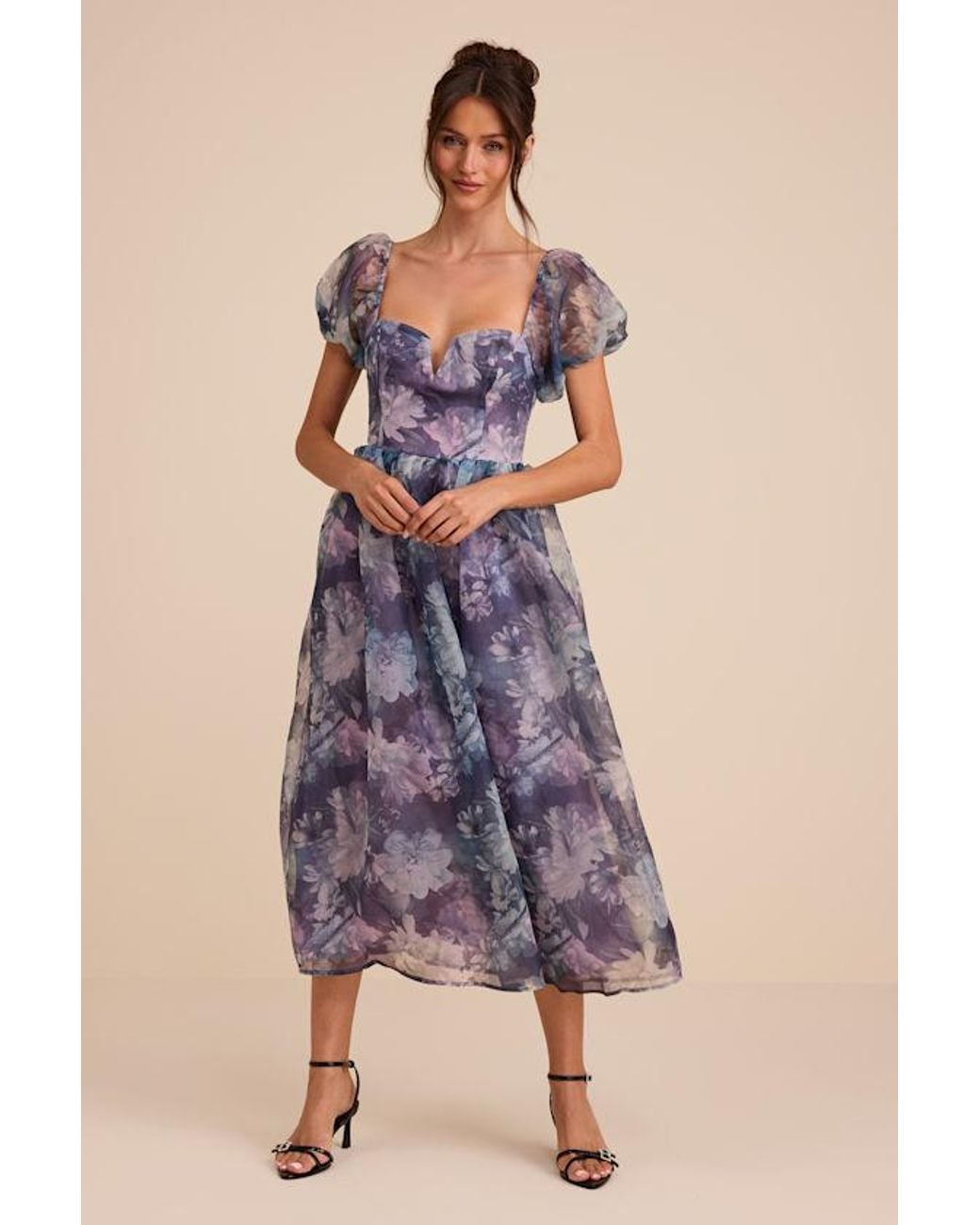 Lulus Blue Lovely Statement Floral Organza Tie-Back Midi Dress