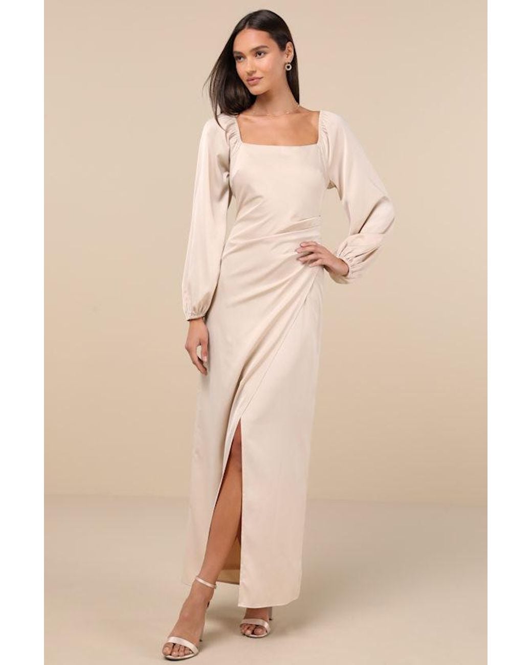 Lulus Natural Eternal Heart Satin Long Sleeve Maxi Dress