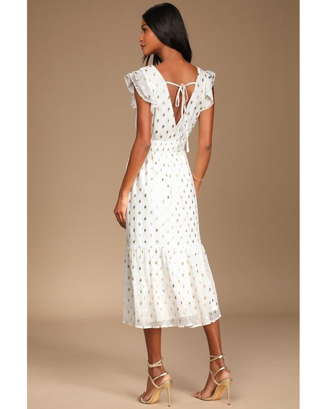 Lulus Natural Cause To Celebrate And Dot Ruffled Tiered Midi Dress