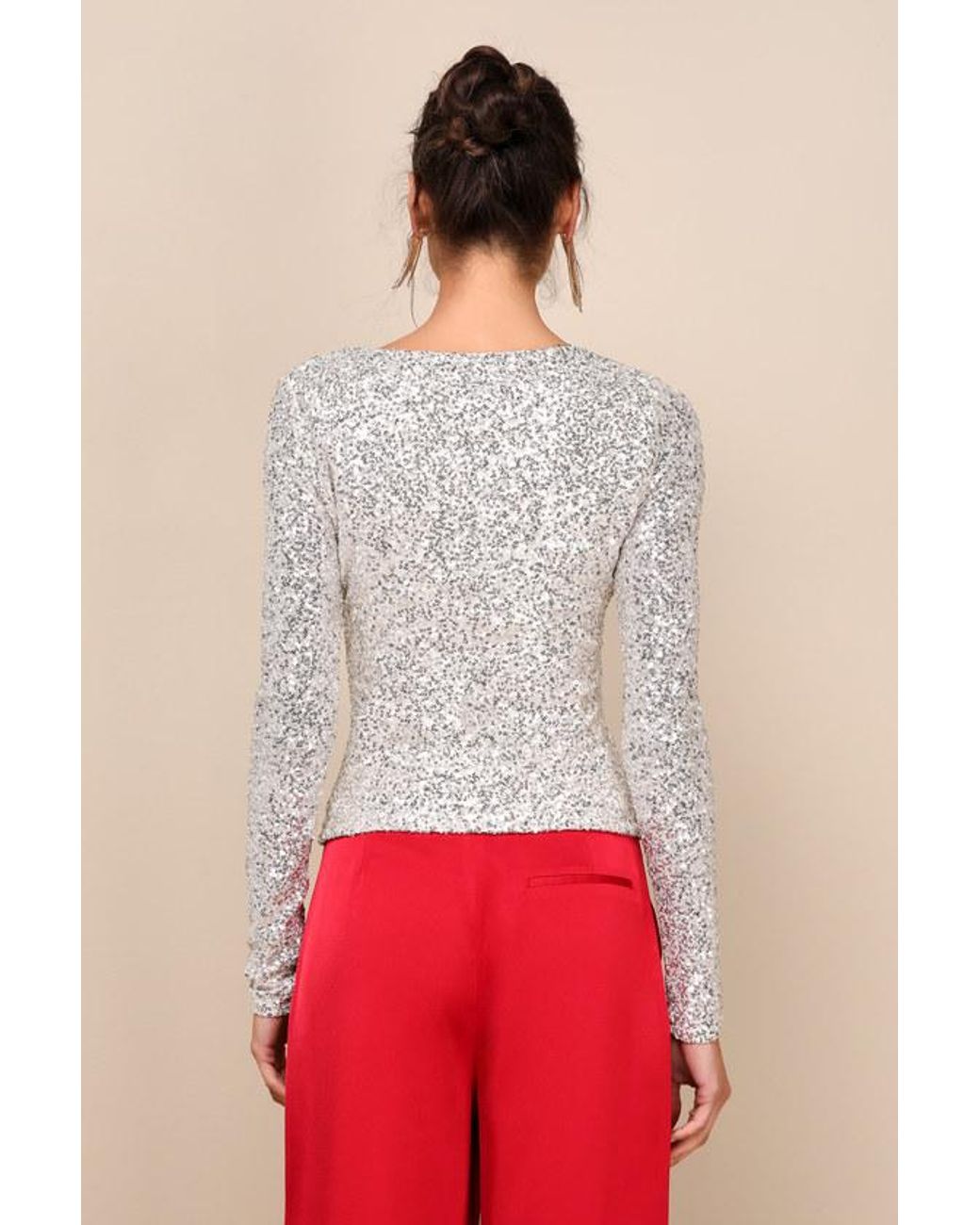 Lulus Red Unique Vibe Sequin Asymmetrical Long Sleeve Top