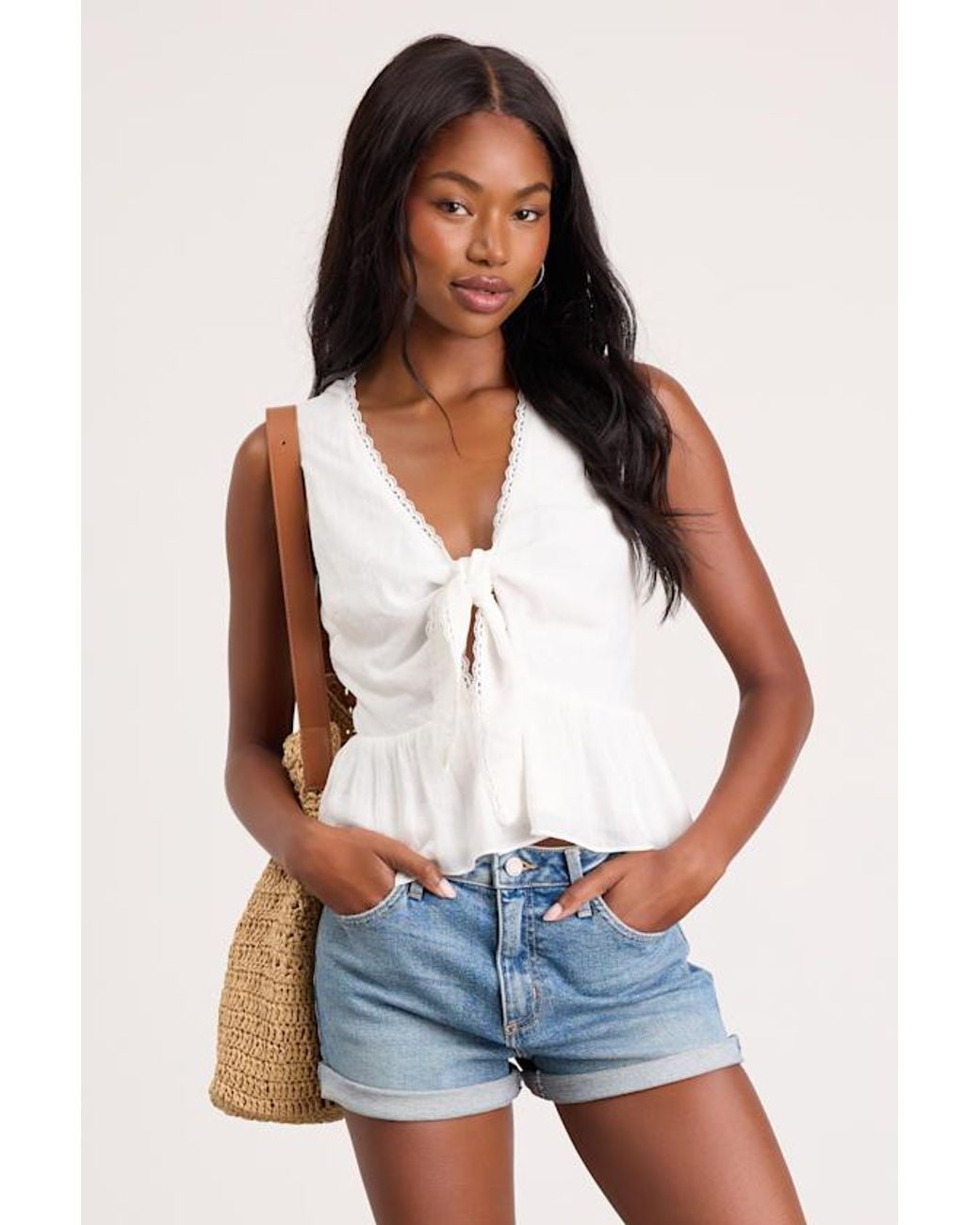 Lulus White Admirable Cutie Tie-Front Ruffled Sleeveless Top