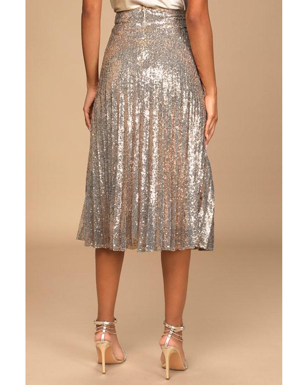 Lulus Natural Glamorous Occasion Sequin Pleated Midi Skirt
