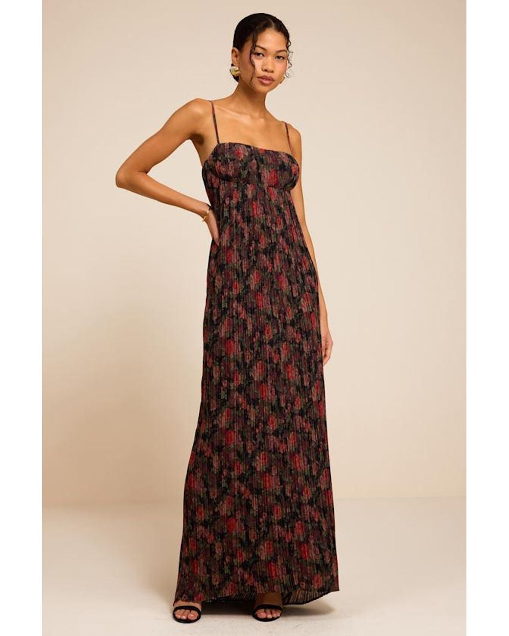 Lulus Natural Avi Floral Print Pleated Sleeveless Maxi Dress