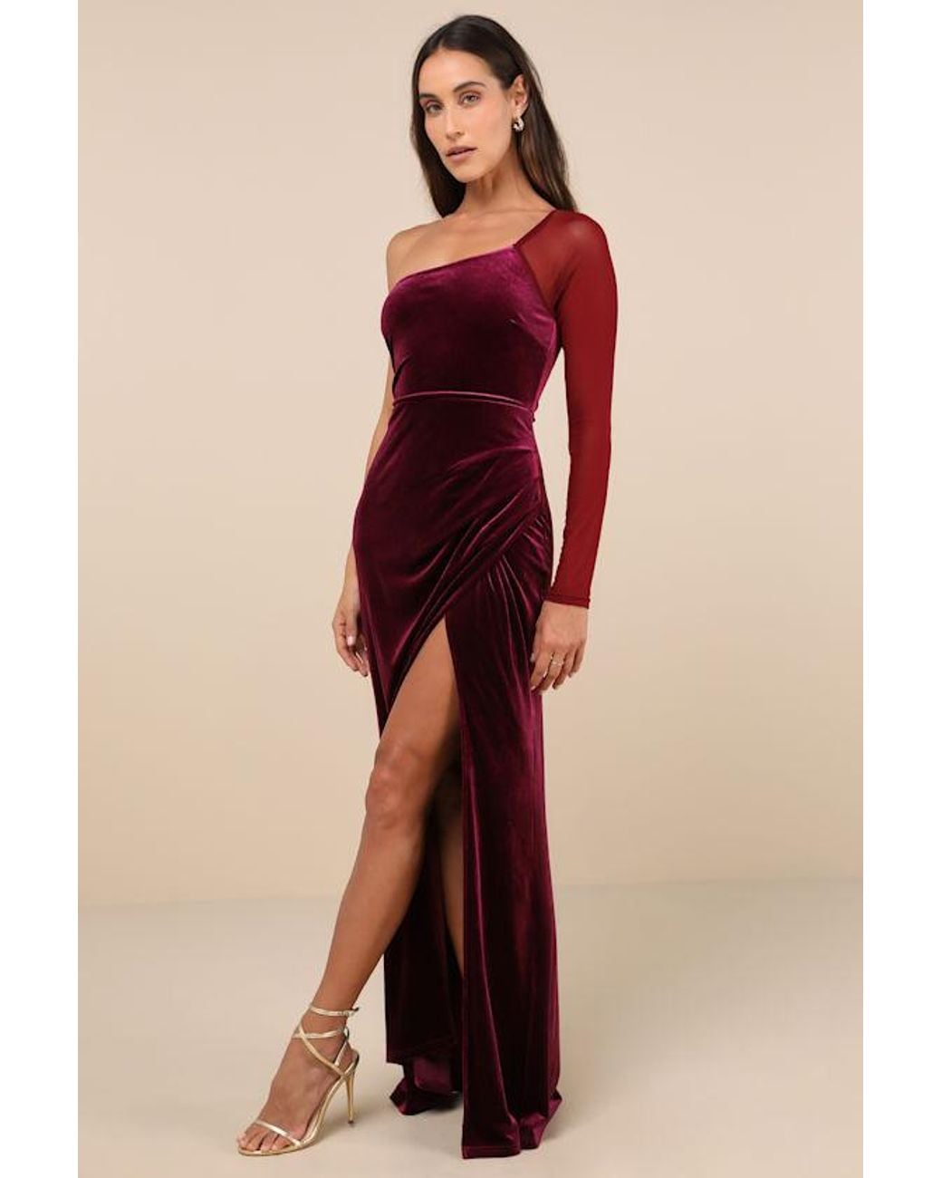 Lulus Red Lavish Style Dark Velvet Mesh One-Shoulder Maxi Dress