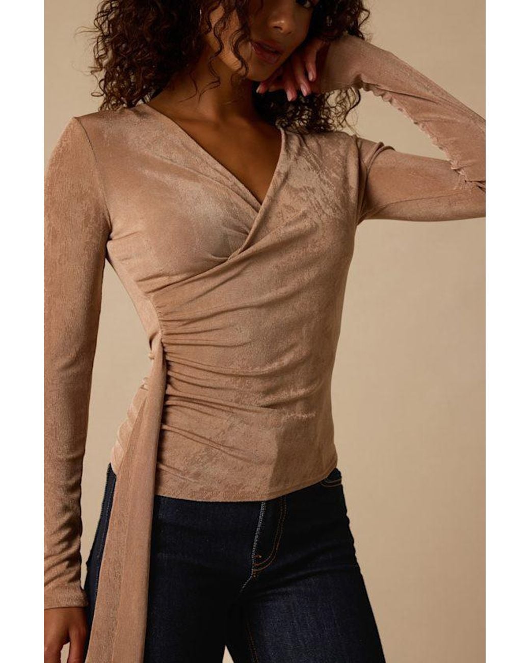 Lulus Natural Beck Khaki Long Sleeve Surplice Top