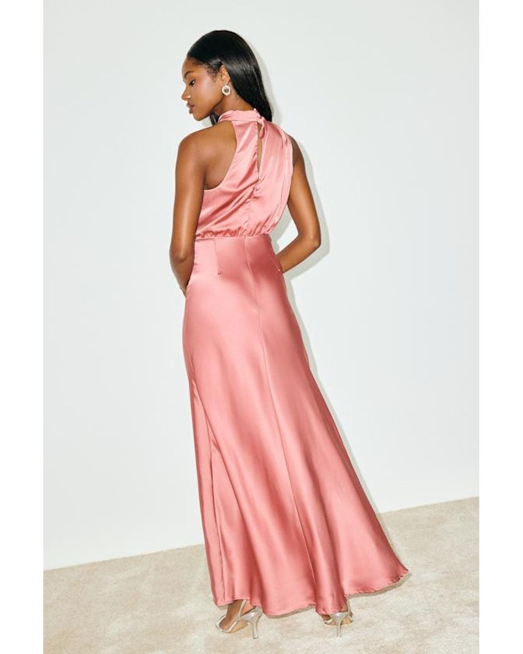 Lulus Pink Distinctive Charm Rose Satin Asymmetrical Maxi Dress
