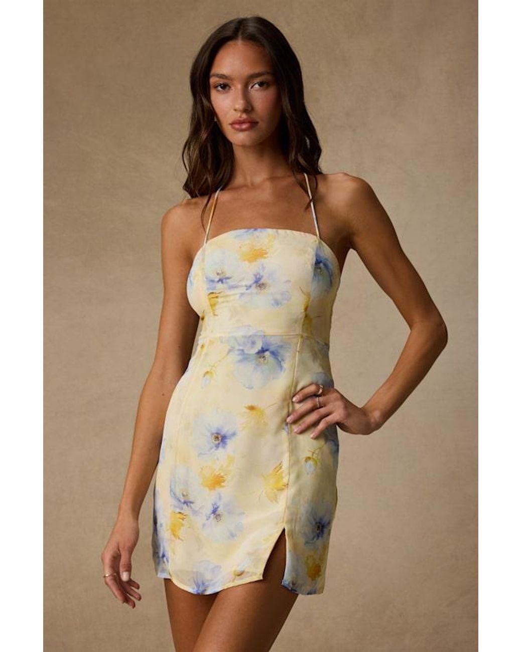 Lulus Natural Catch The Bouquet Floral Halter Lace-Up Mini Dress