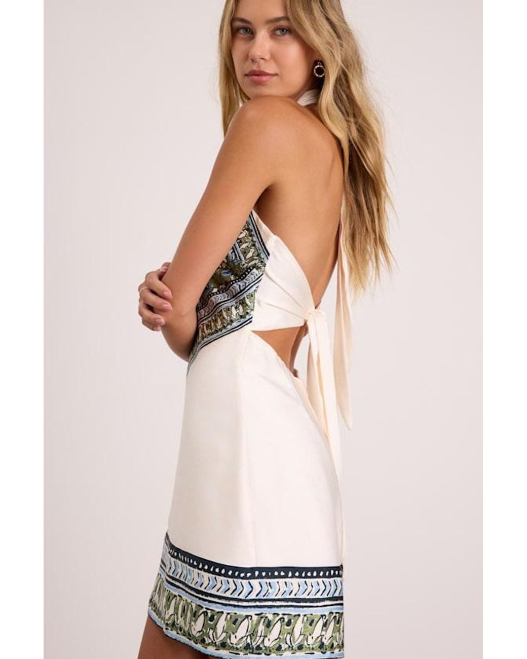 Lulus White Ayson Ivory And Scarf Print Halter Mini Dress