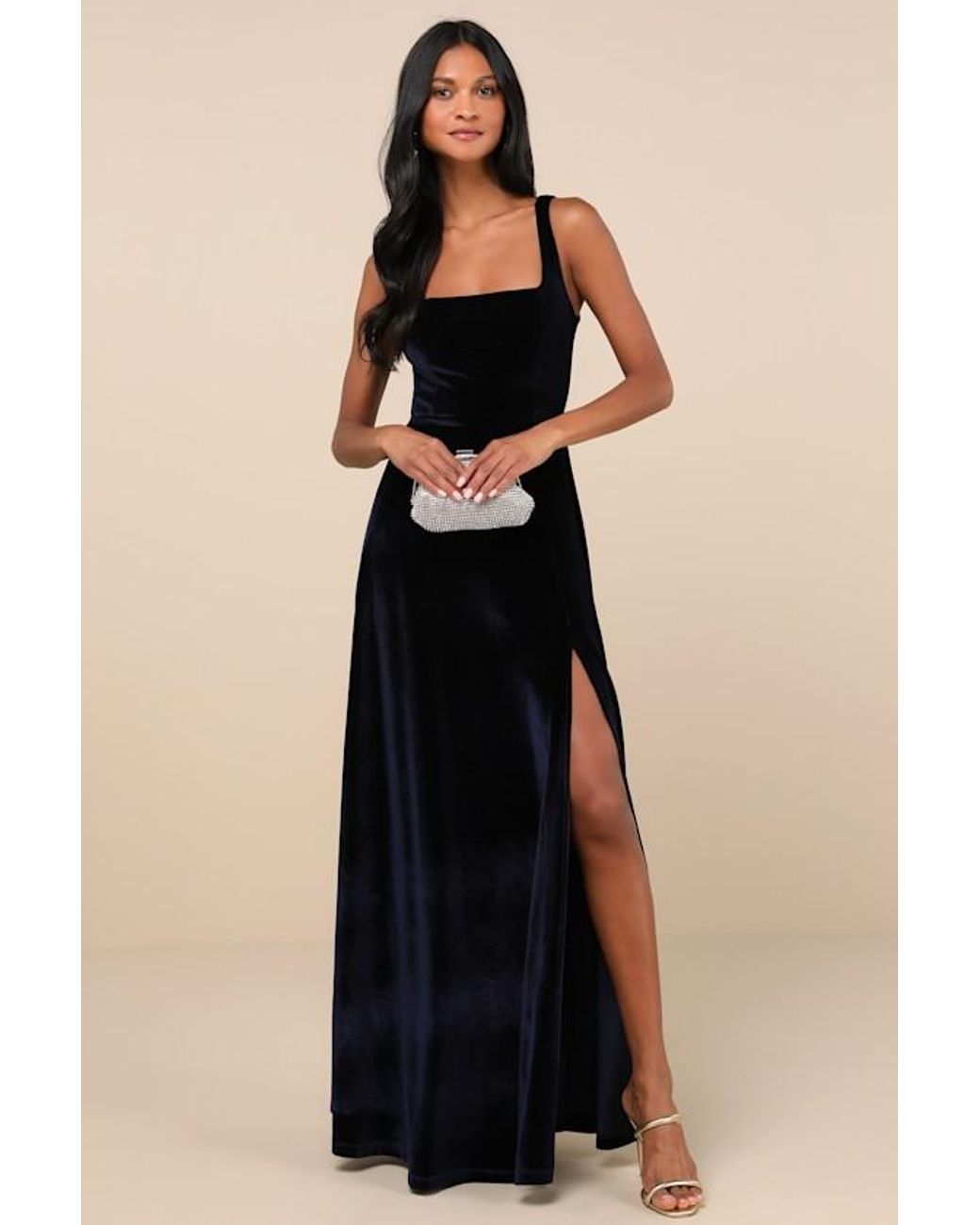 Lulus Blue Graceful Invite Velvet Square Neck Lace-Up Maxi Dress