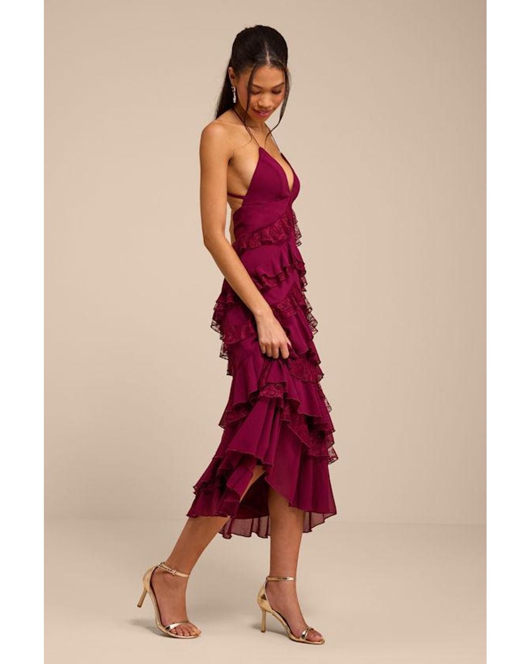 Lulus Red Melena Ruffled Lace Midi Dress