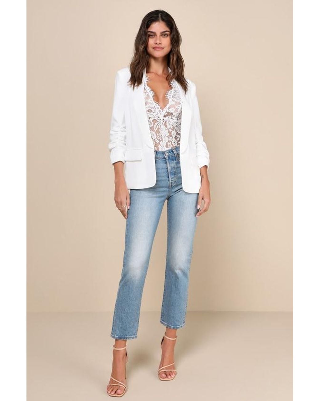 Lulus White Established Excellence Ruched Blazer