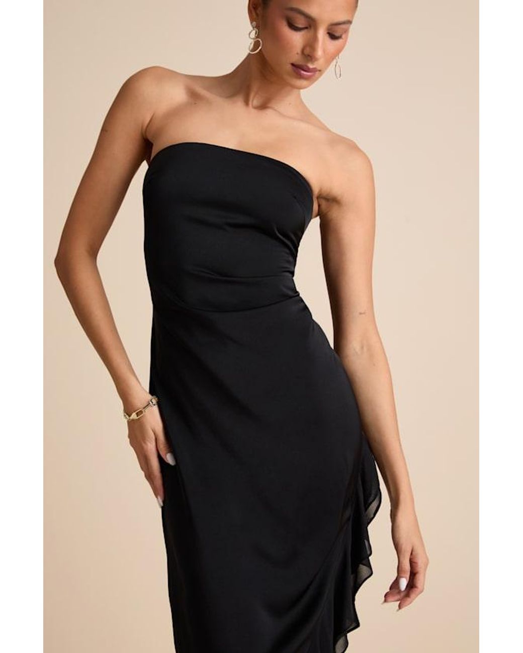 Lulus Natural Graceful Perfection Satin Ruffled Strapless Midi Dress
