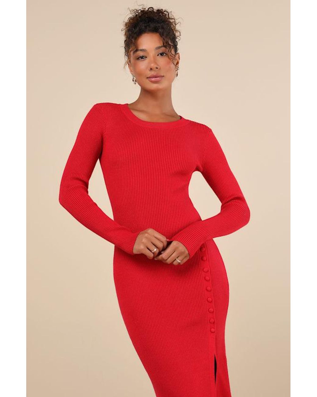 Lulus Red Refined Attitude Ribbed Side Button Midi Sweater Dress