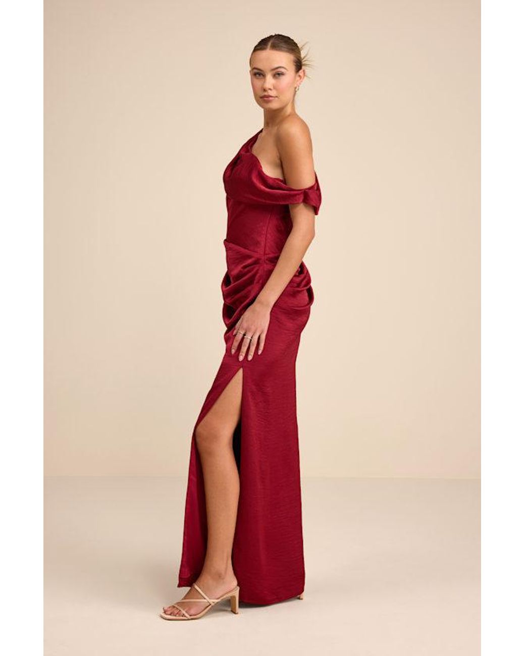 Lulus Red Aviana Satin Asymmetrical Maxi Dress