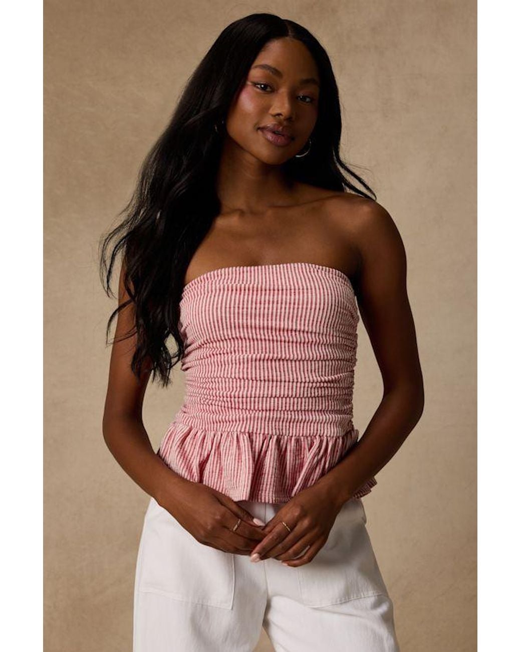 Lulus Brown Philomena Striped Strapless Peplum Top