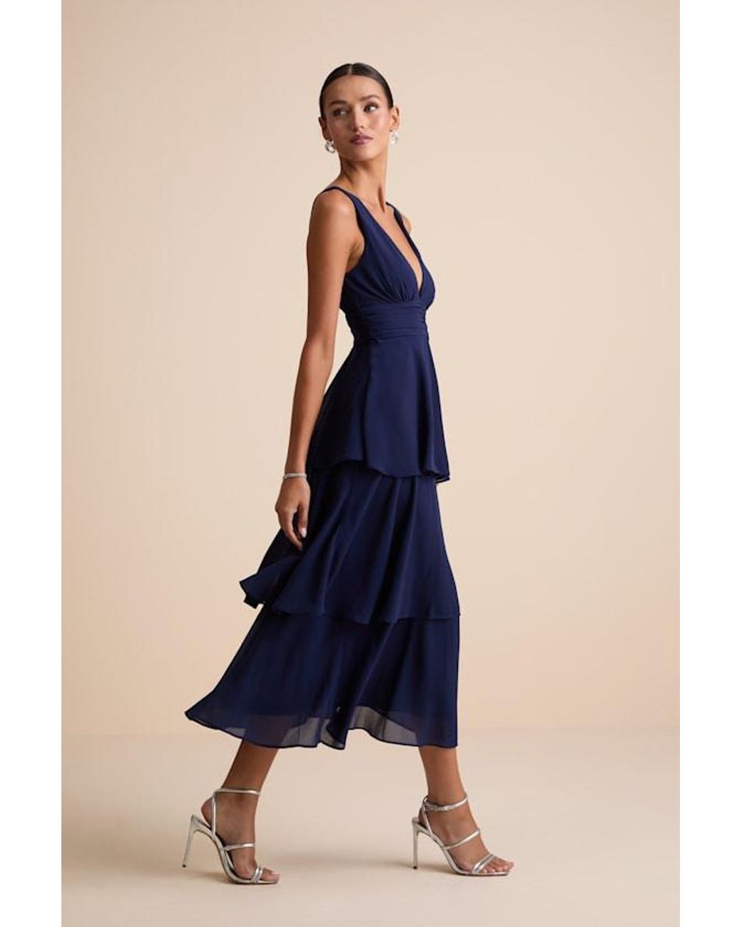 Lulus Blue Celebration Time Sleeveless Tiered Midi Dress