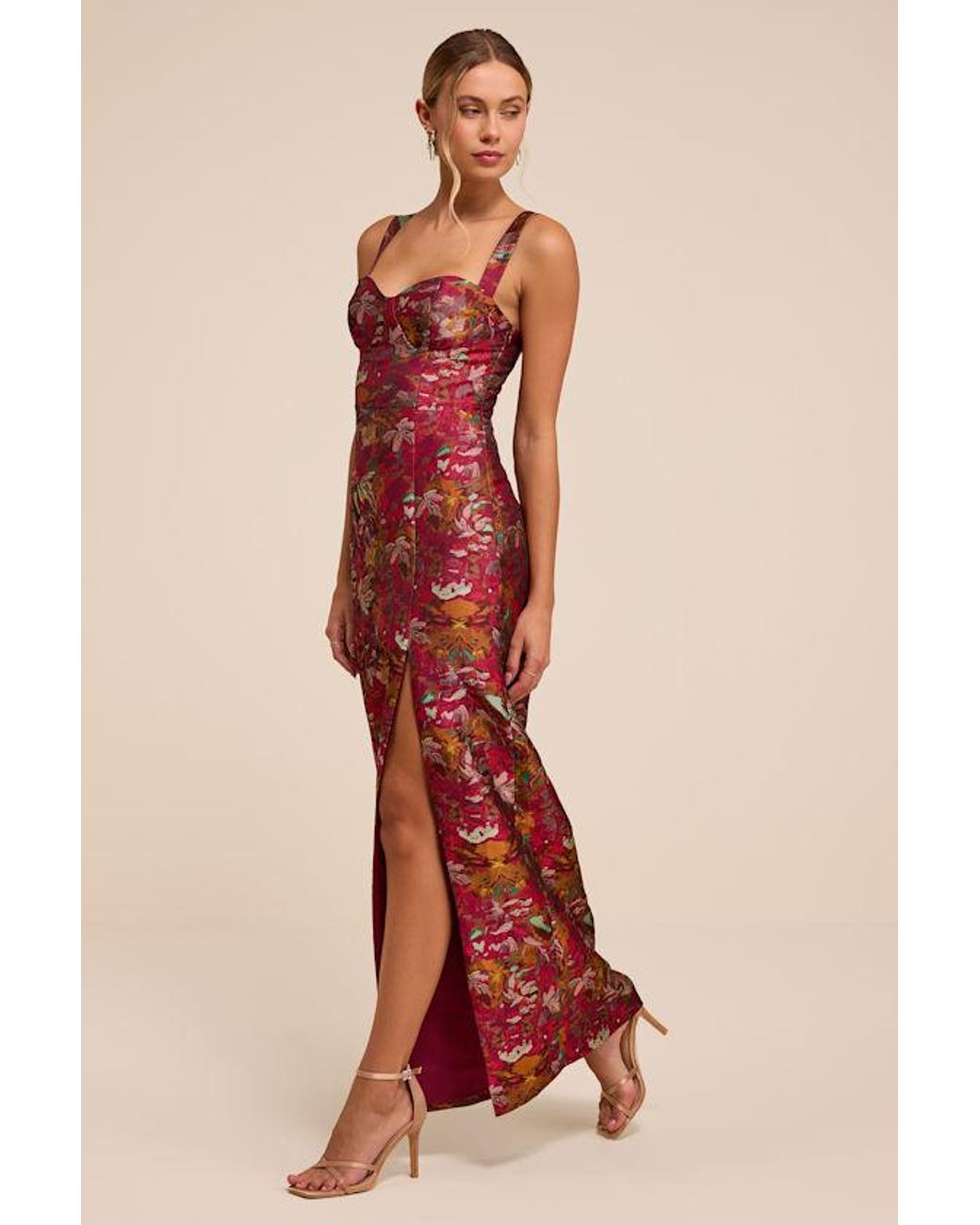 Lulus Red Demina Dark Floral Jacquard Bustier Maxi Dress