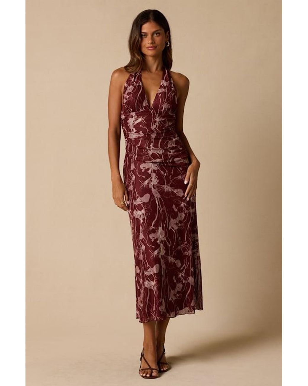 Lulus Red Betty Abstract Print Mesh Halter Midi Dress