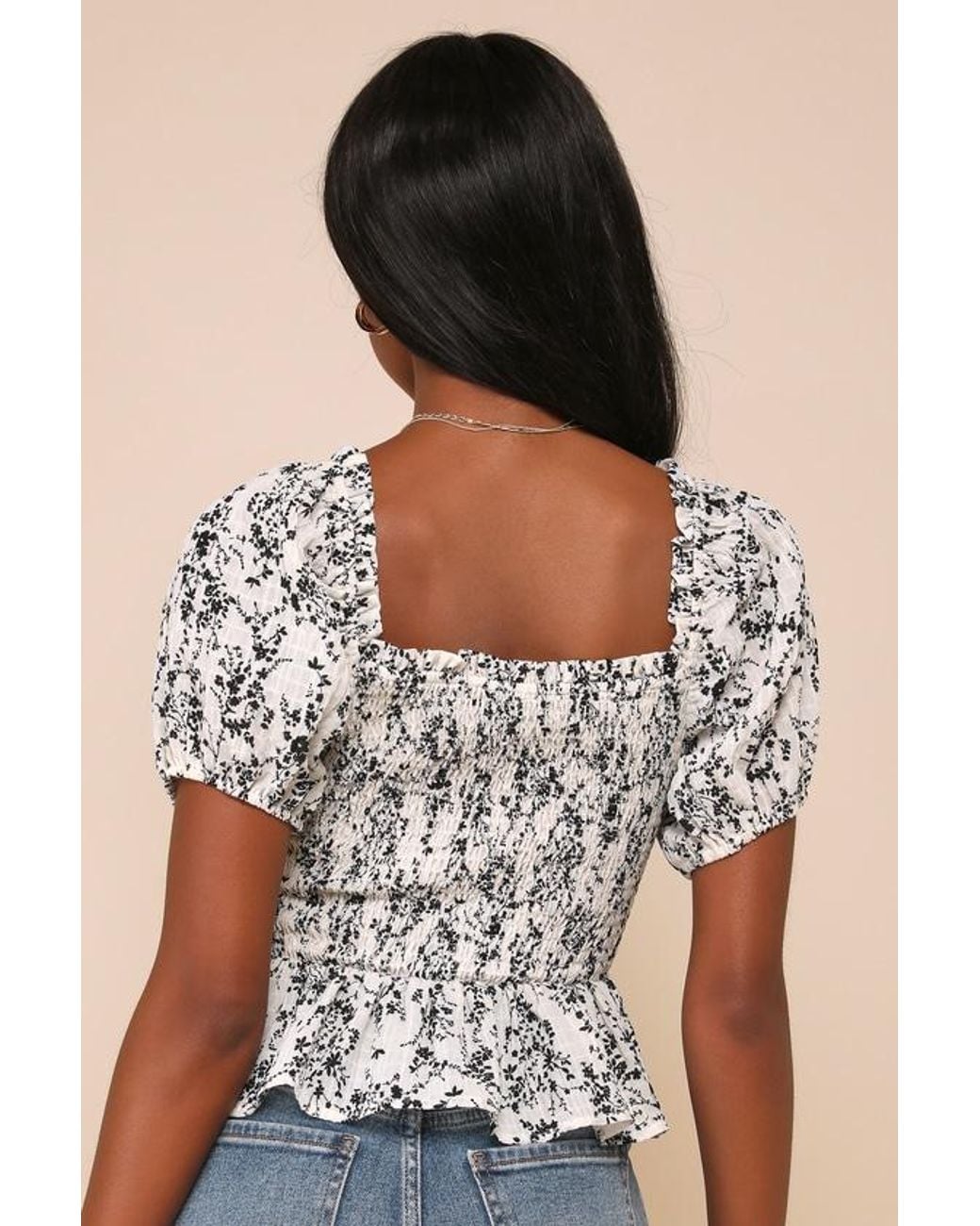 Lulus Brown Sweetest Direction Ivory And Floral Puff Sleeve Top