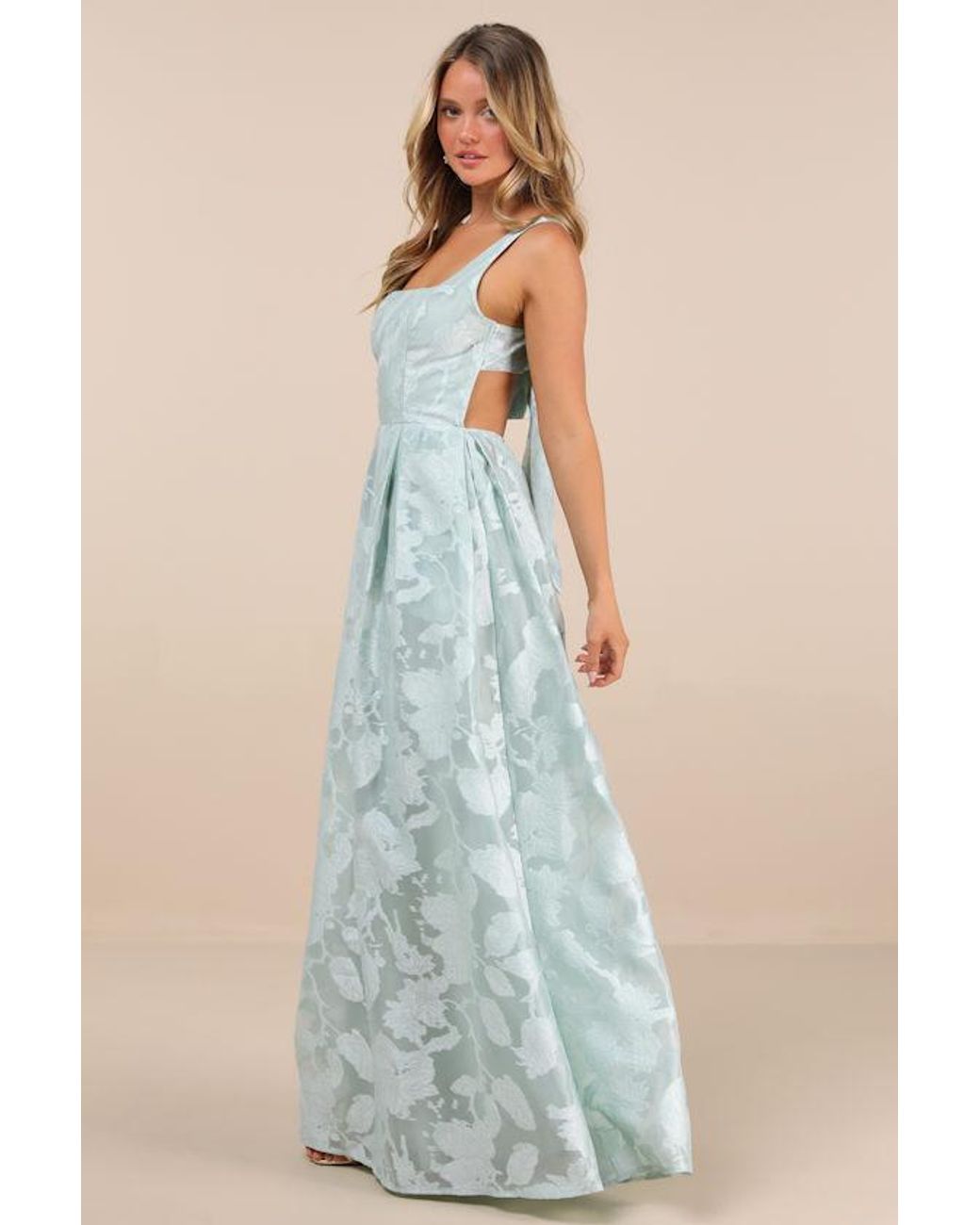 Lulus Blue Perfected Aura Sage Jacquard Tie-Back Maxi Dress With Pockets