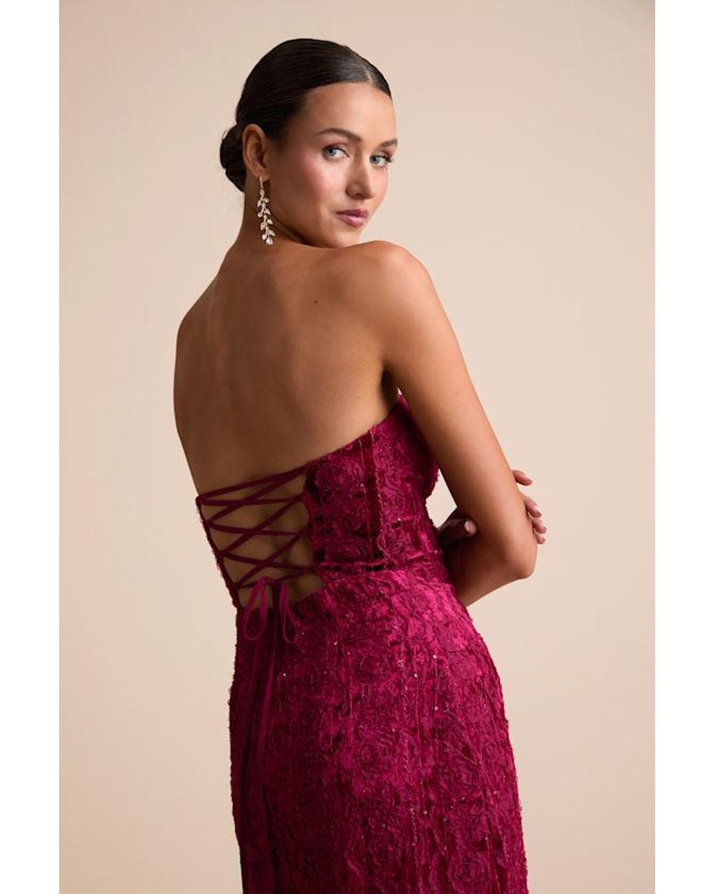 Lulus Red Chic Grace Velvet Floral Applique Strapless Maxi Dress