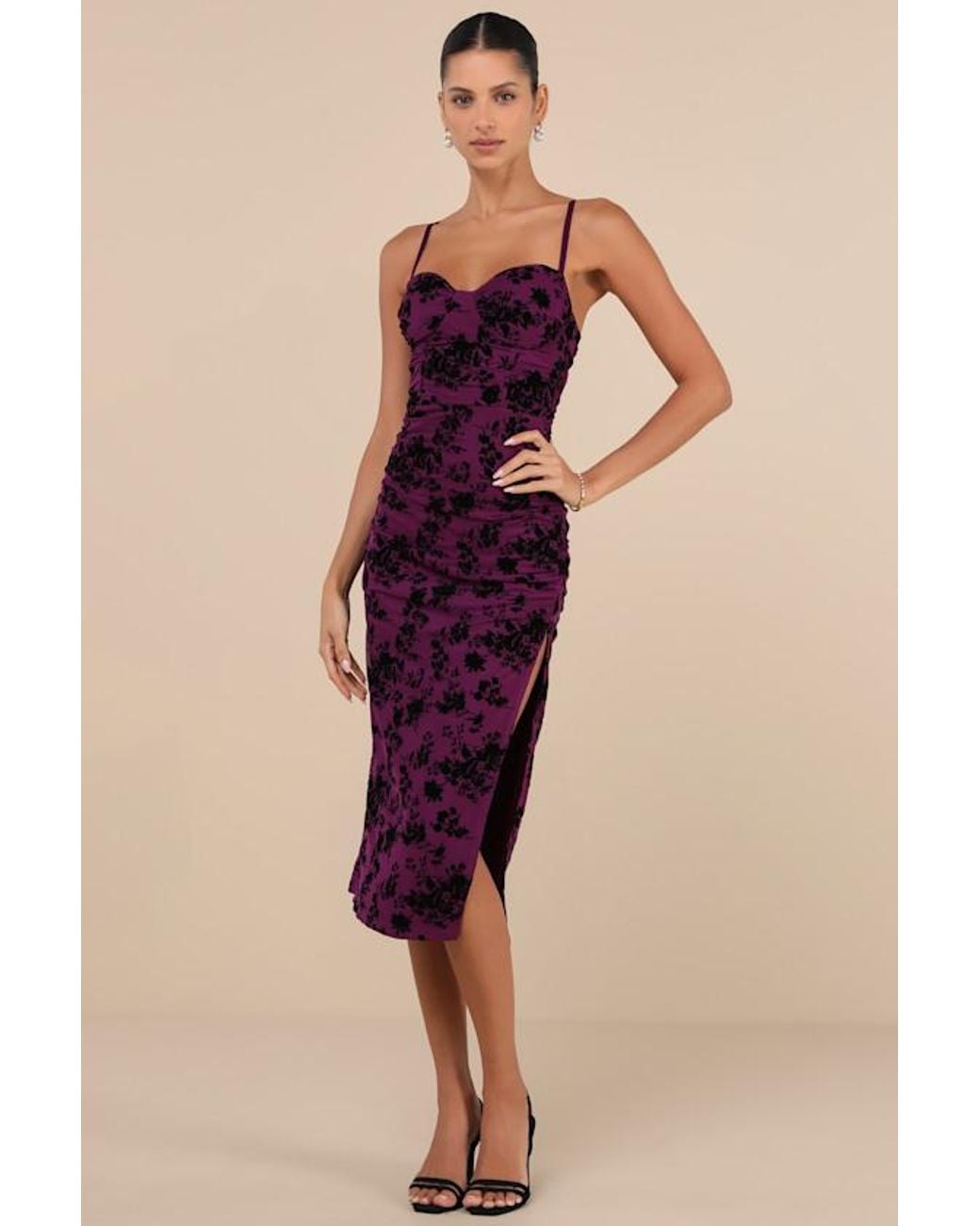 Lulus Decadent Flirt Mesh Velvet Ruched Bodycon Midi Dress in Purple | Lyst  UK