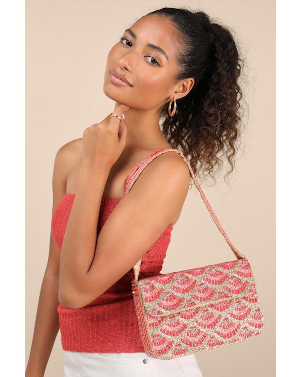Lulus Red Pania And Seashell Beaded Shoulder Bag