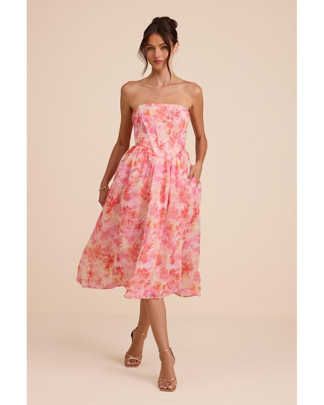 Lulus Pink Eulalia Floral Lace-Up Strapless Bustier Midi Dress