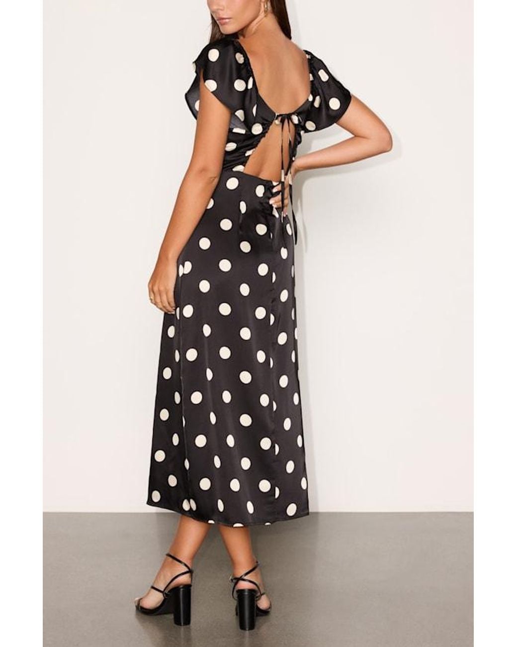 Lulus Black Villena Polka Dot Satin Tie-Back Midi Dress