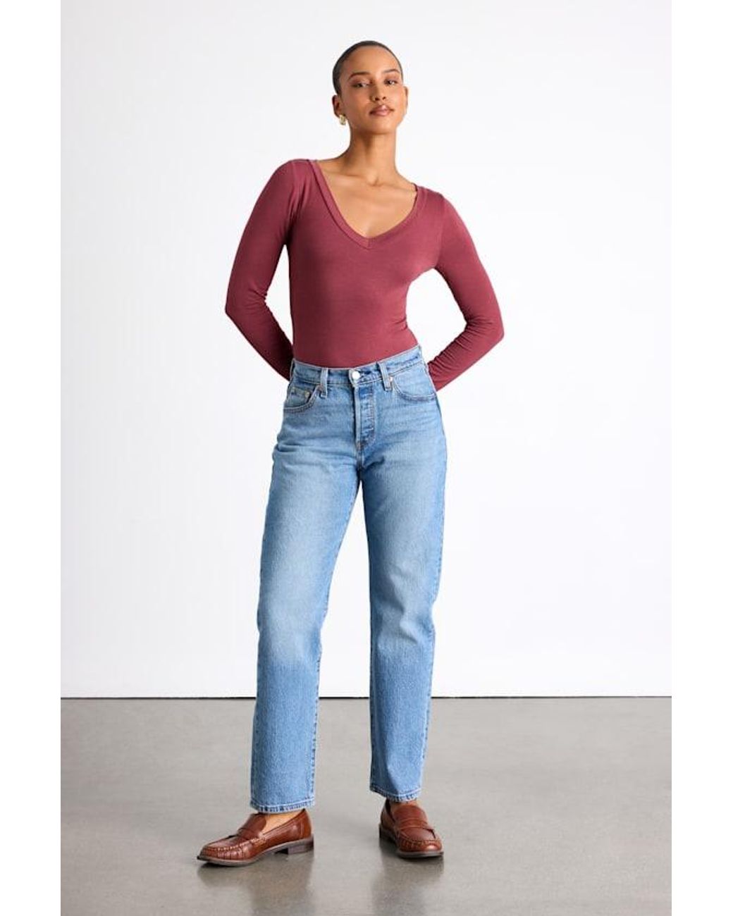 Lulus Red Clean Look V-Neck Long Sleeve Bodysuit