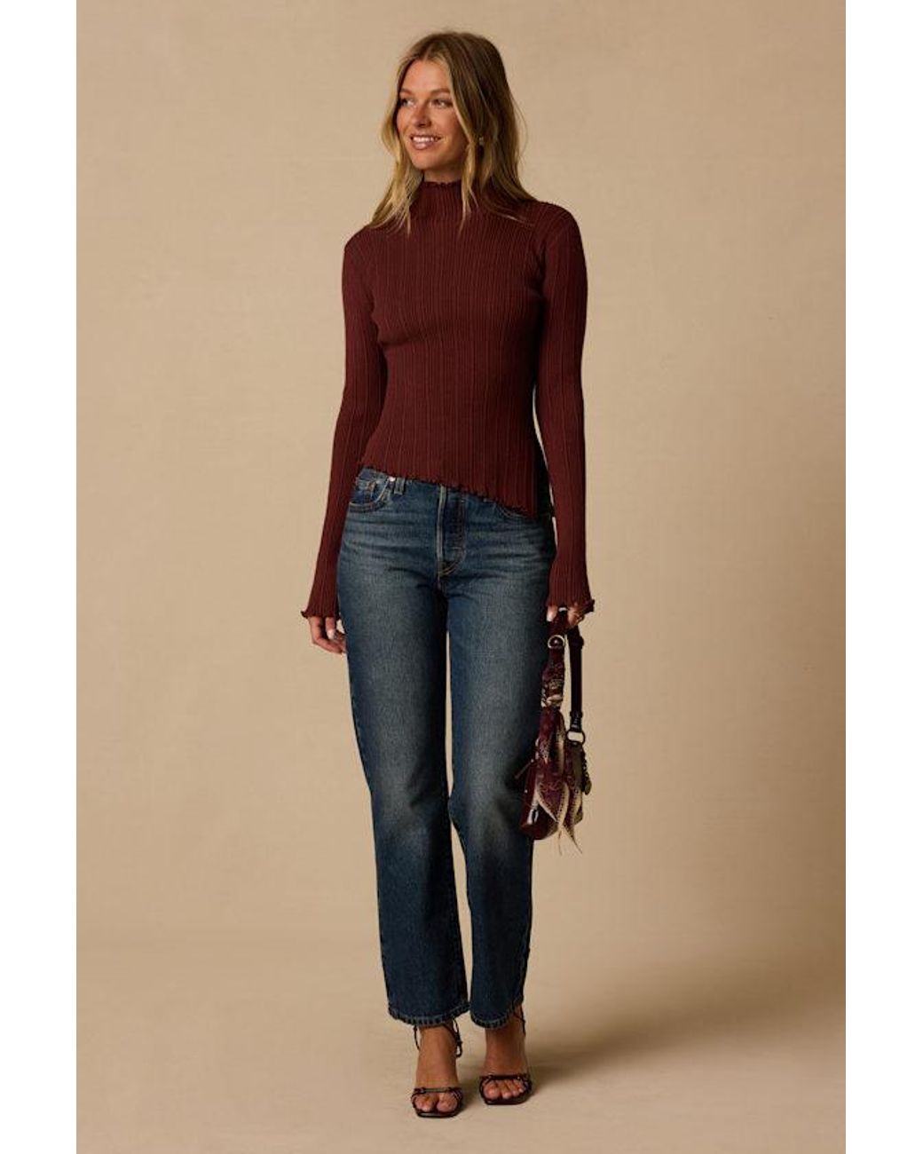 Lulus Red Bryce Ribbed Asymmetrical Mock Neck Top