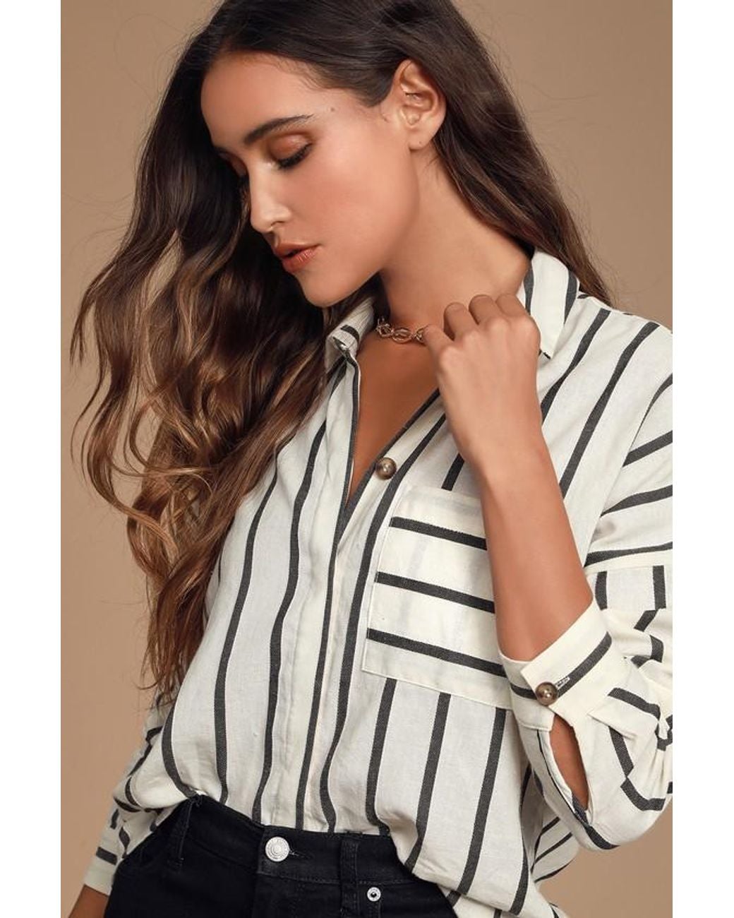 Lulus Black Amelia Dawn Off- Striped Long Sleeve Button-Up Top