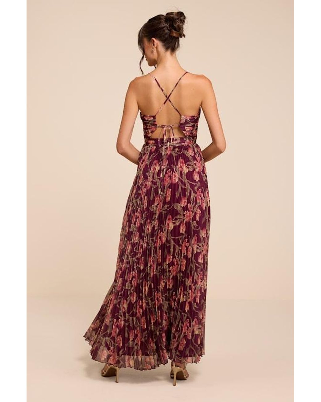 Lulus Red Rebena Plum Multi Floral Pleated Maxi Dress