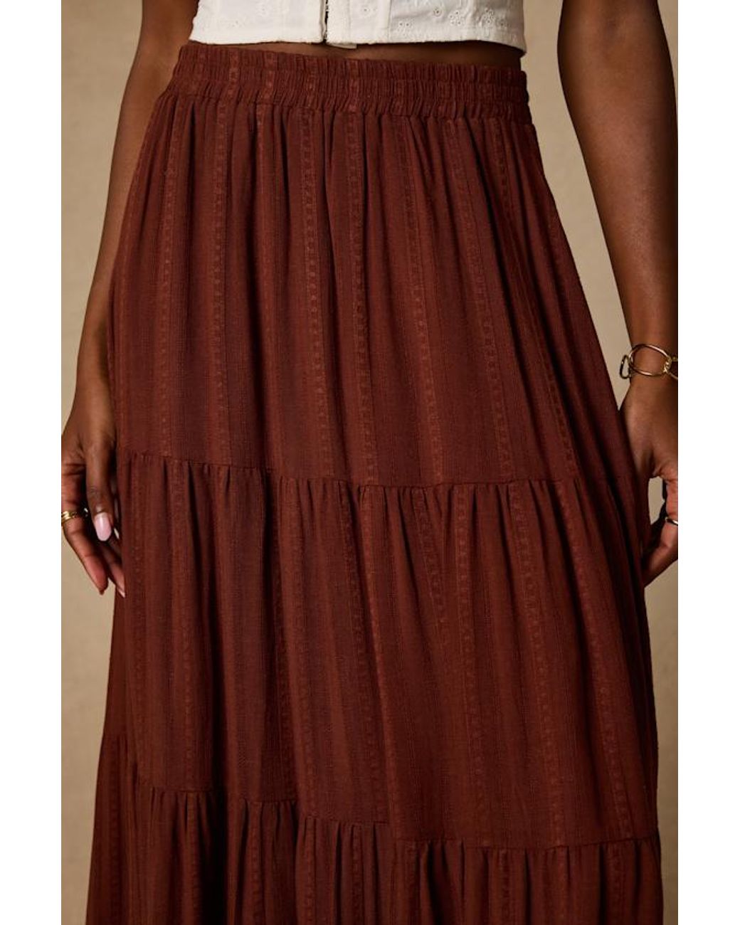 Lulus Brown Sunset By The Sea Embroidered Tiered Maxi Skirt