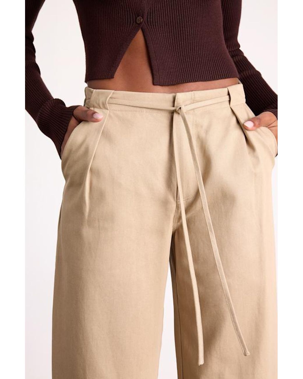 Lulus Natural Ruthie Tie-Front Mid-Rise Trouser Pants