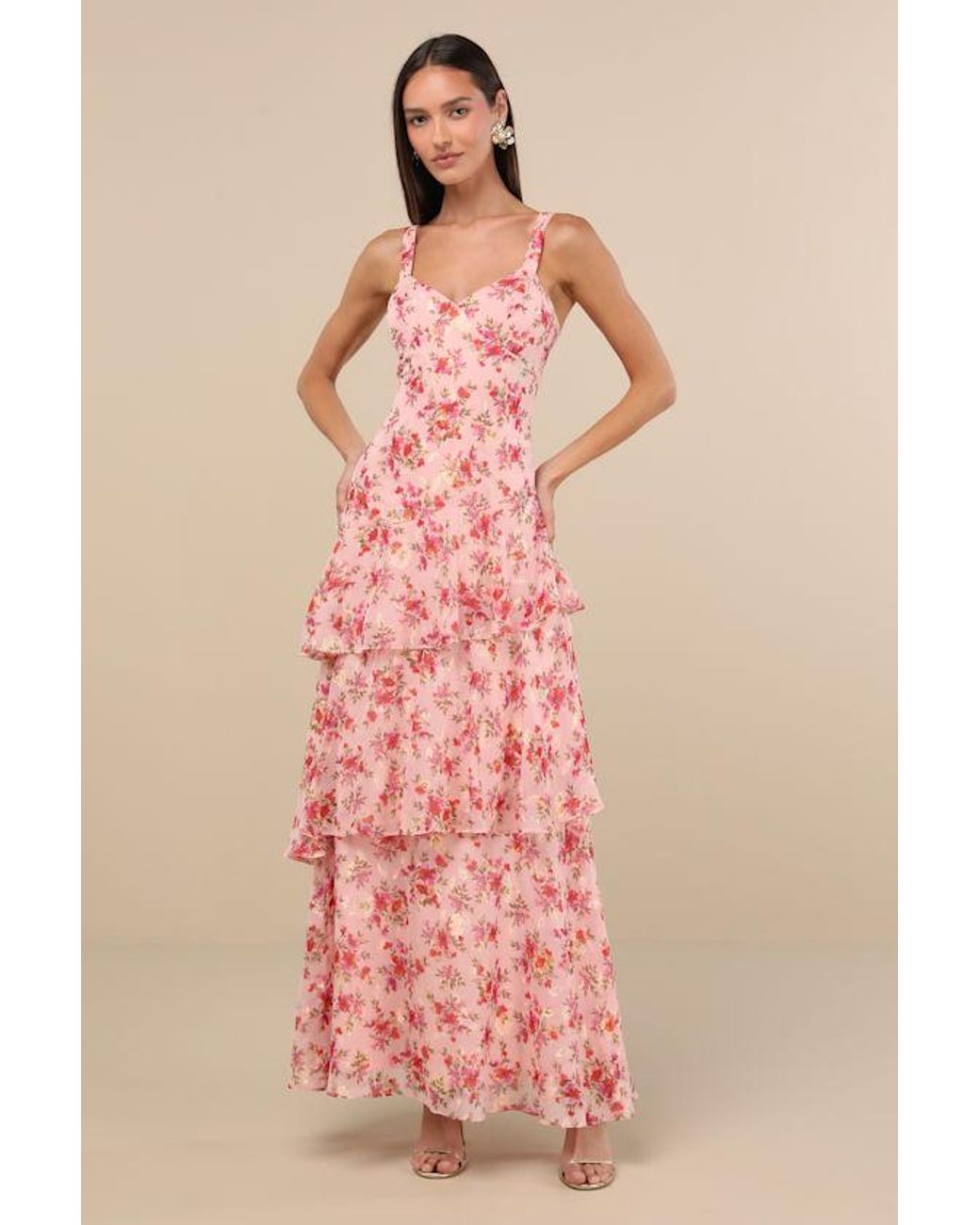 Lulus Pink Laurette Floral Tiered Sleeveless Maxi Dress