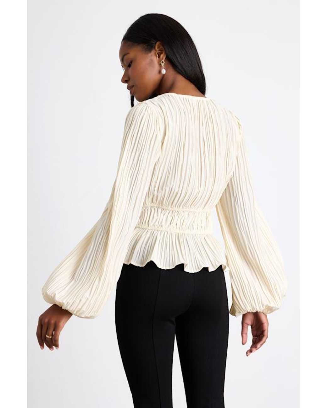 Lulus Black Yvetta Cream Plisse Balloon Sleeve Bow Top