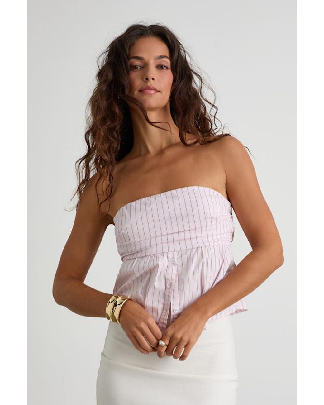 Lulus White Natalie Pinstripe Strapless Peplum Top