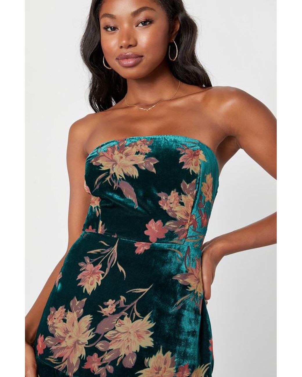 Lulus Real Allure Emerald Floral Burnout Velvet Strapless Maxi Dress in  Blue | Lyst