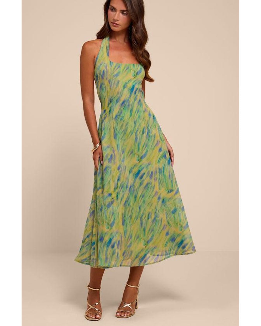 Lulus Green Reyes Multi Abstract Halter Midi Dress