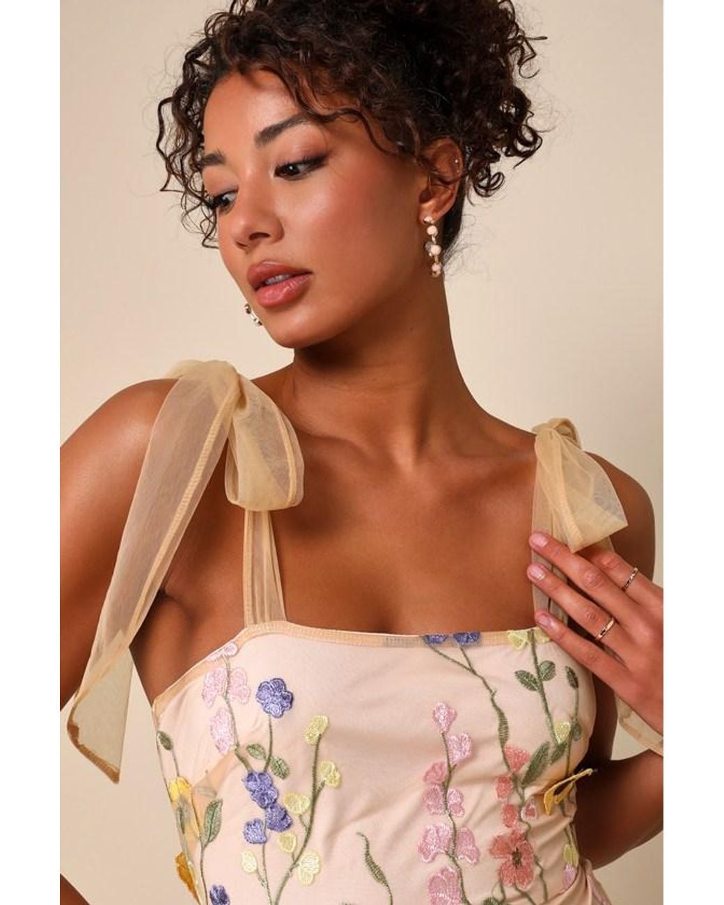 Lulus Thriving Poise Blush 3D Floral Embroidered Tie-Strap Maxi Dress in Natural | Lyst Lulus Thriving Poise Blush 3D Floral Embroidered Tie-Strap Maxi Dress in Natural | Lyst
