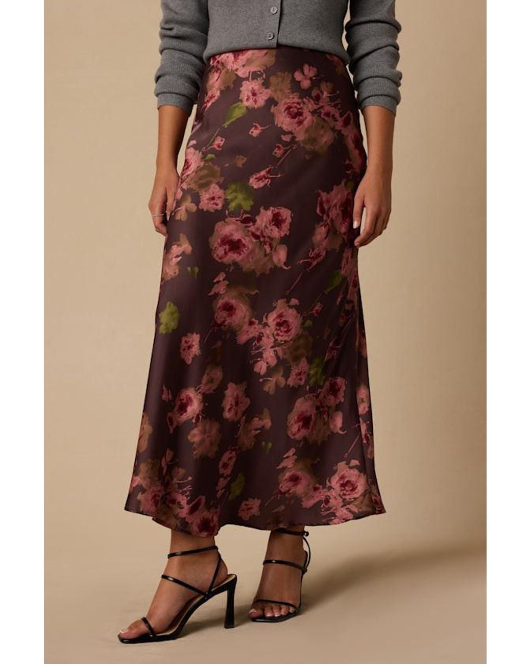 Lulus Brown Binny Plum Floral Print Satin Maxi Skirt