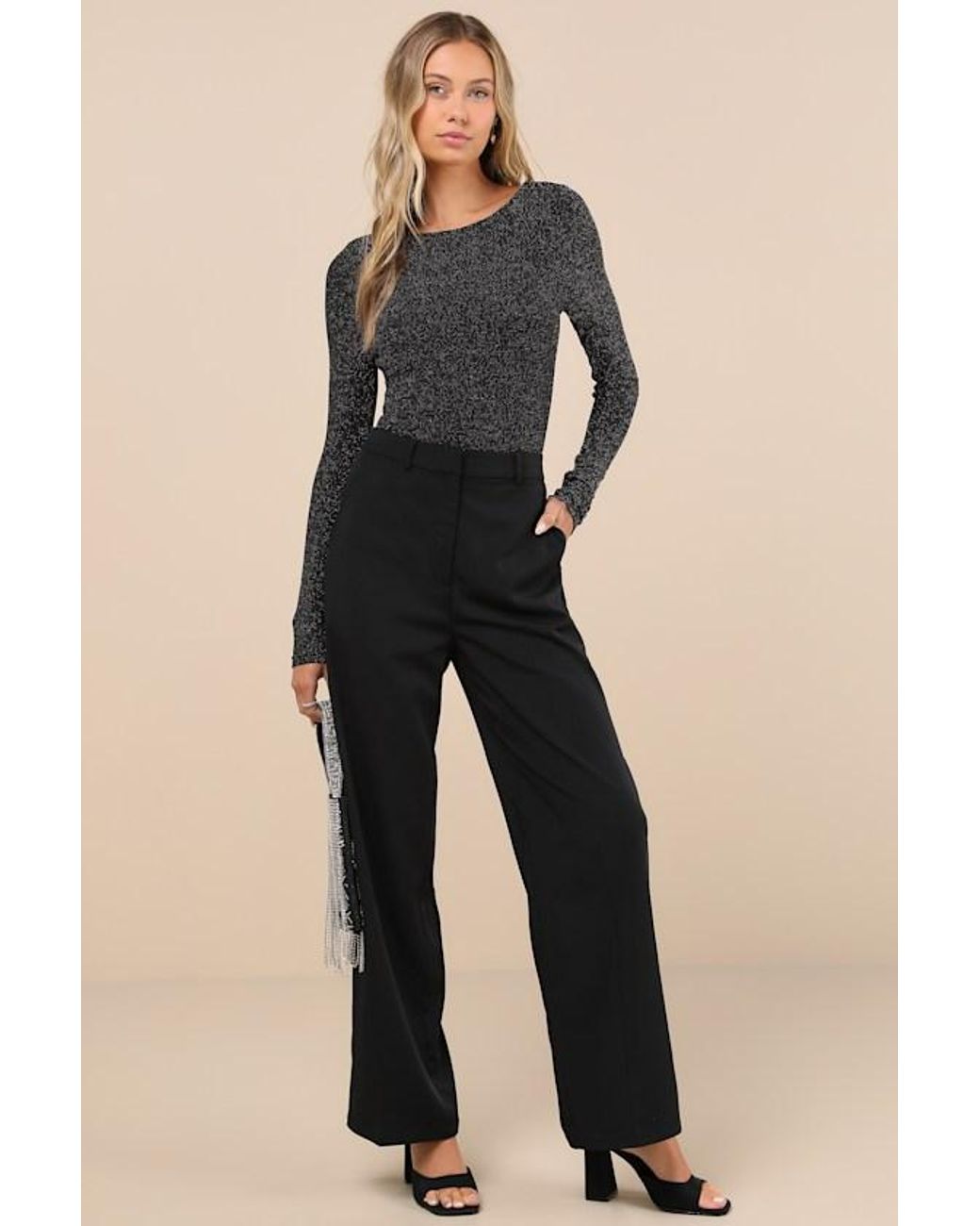 Lulus Black Iconic Sparkle Lurex Backless Long Sleeve Bodysuit