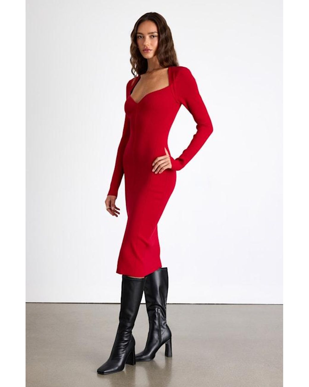 Lulus Red Adoring Me Ribbed Long Sleeve Midi Sweater Dress