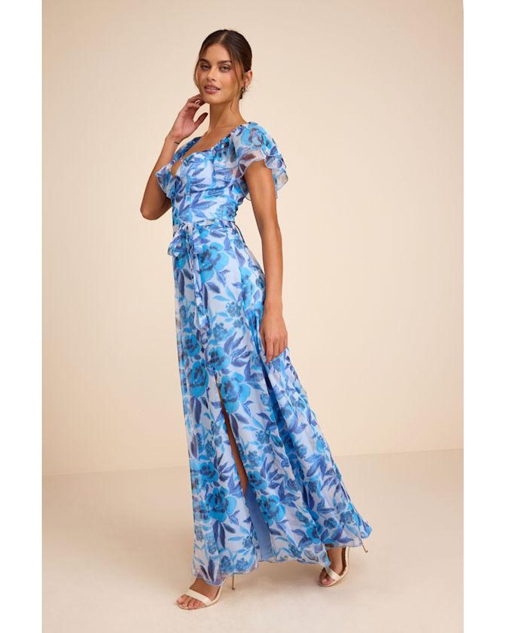 Lulus Blue Sensationally Sweeter Floral Ruffled Maxi Dress