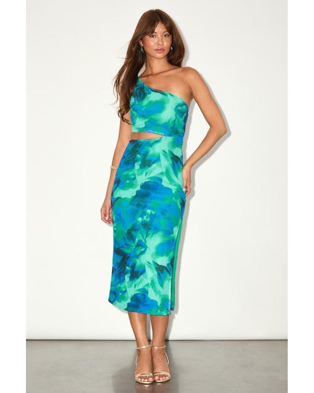 Lulus Blue Ismerida And Abstract Mesh One-Shoulder Midi Dress