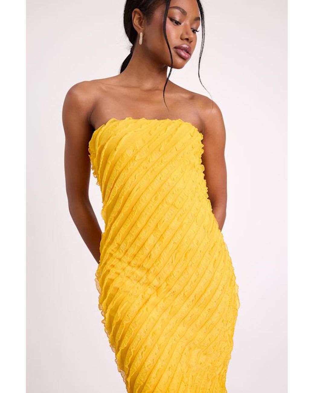 Lulus Yellow Faelyn Strapless Ruffled Midi Dress
