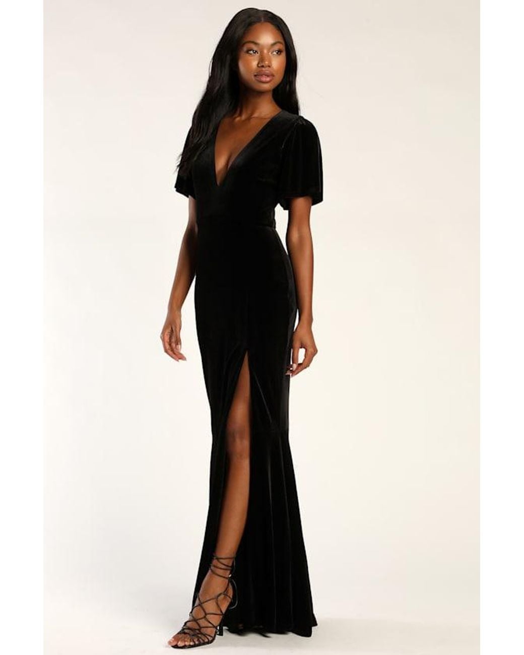 Lulus Black Elegant Evenings Velvet Flutter Sleeve Trumpet Maxi Dress